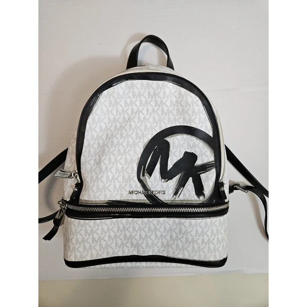 Michael Kors Rhea Zip Backpack Black and White Silver-Color Hardware - Picture 1 of 10